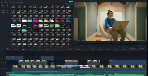 Interfaz de edición de video en Filmora mostrando la línea de tiempo, efectos y vista previa del contenido generado con inteligencia artificial.
